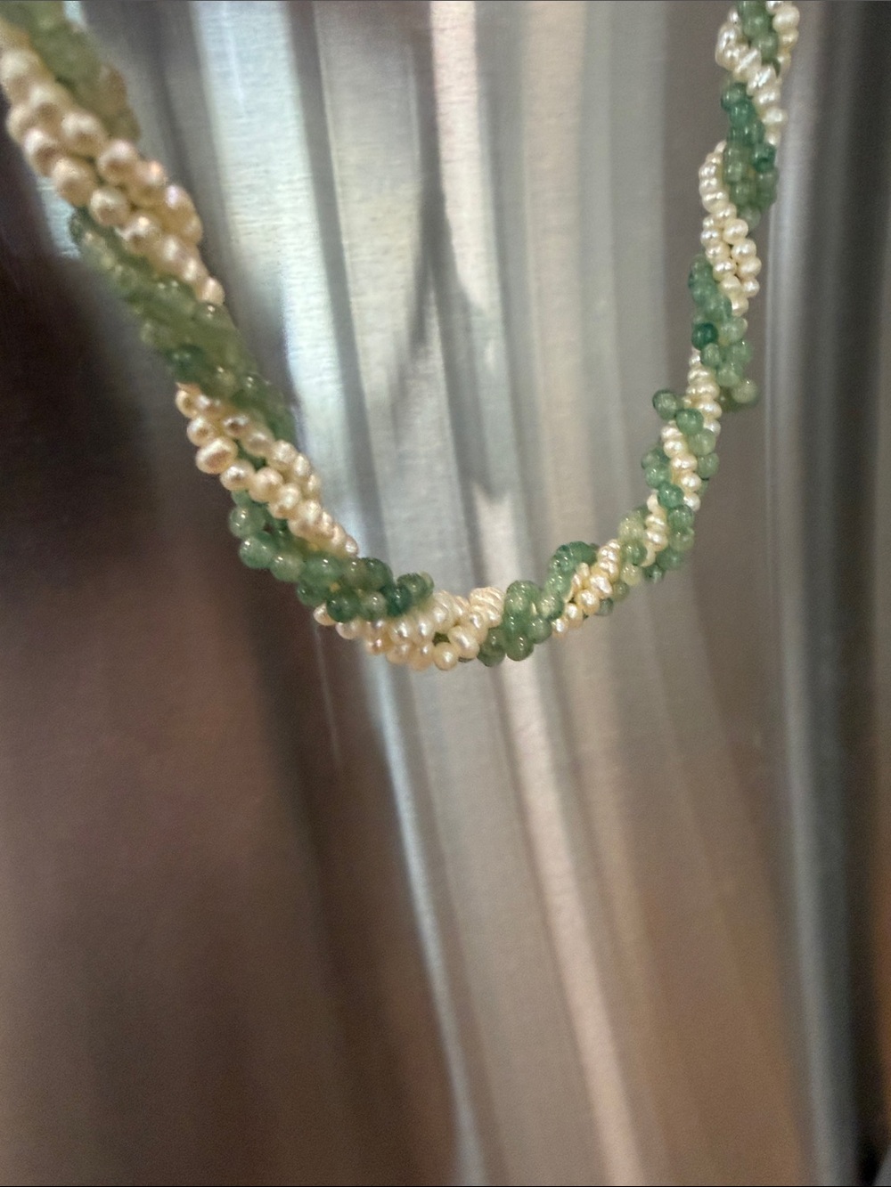 Handcrafted Green and Cream Beaded Twist Necklace